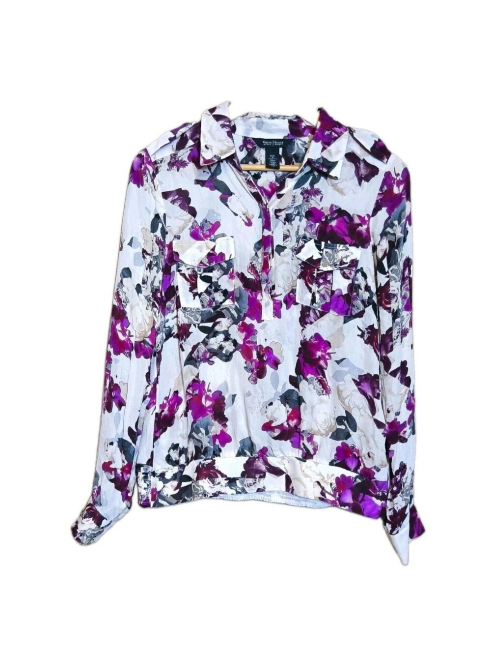 White House Black Market 100% Silk Floral Chiffon Collared Button Blouse Sz 8